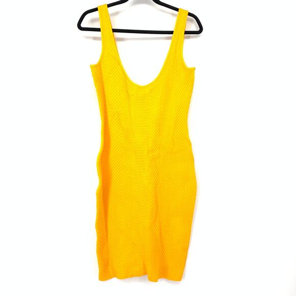 Herve Leger Ottoman Scoop-Neck Ribbed Mini Dress Womens Sz M Golden Yellow - Picture 1 of 8